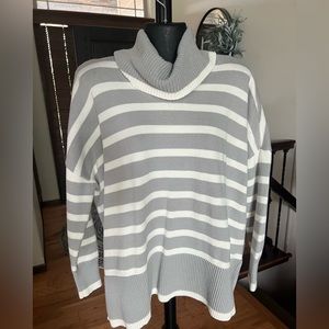 LOFT Striped Turtleneck Poncho Sweater Size M Grey